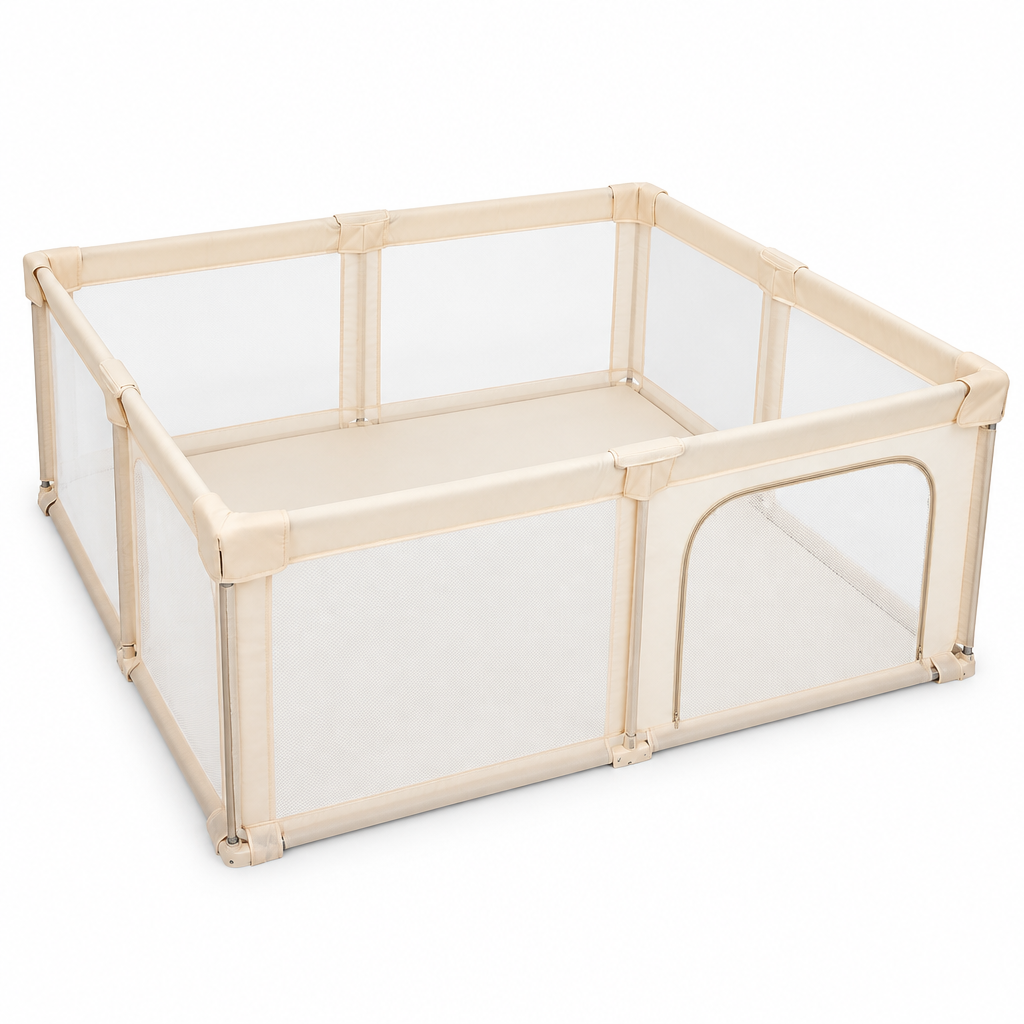 Laufstall faltbar 70 cm hoch, mit Tasche und Ziehringen – Beige